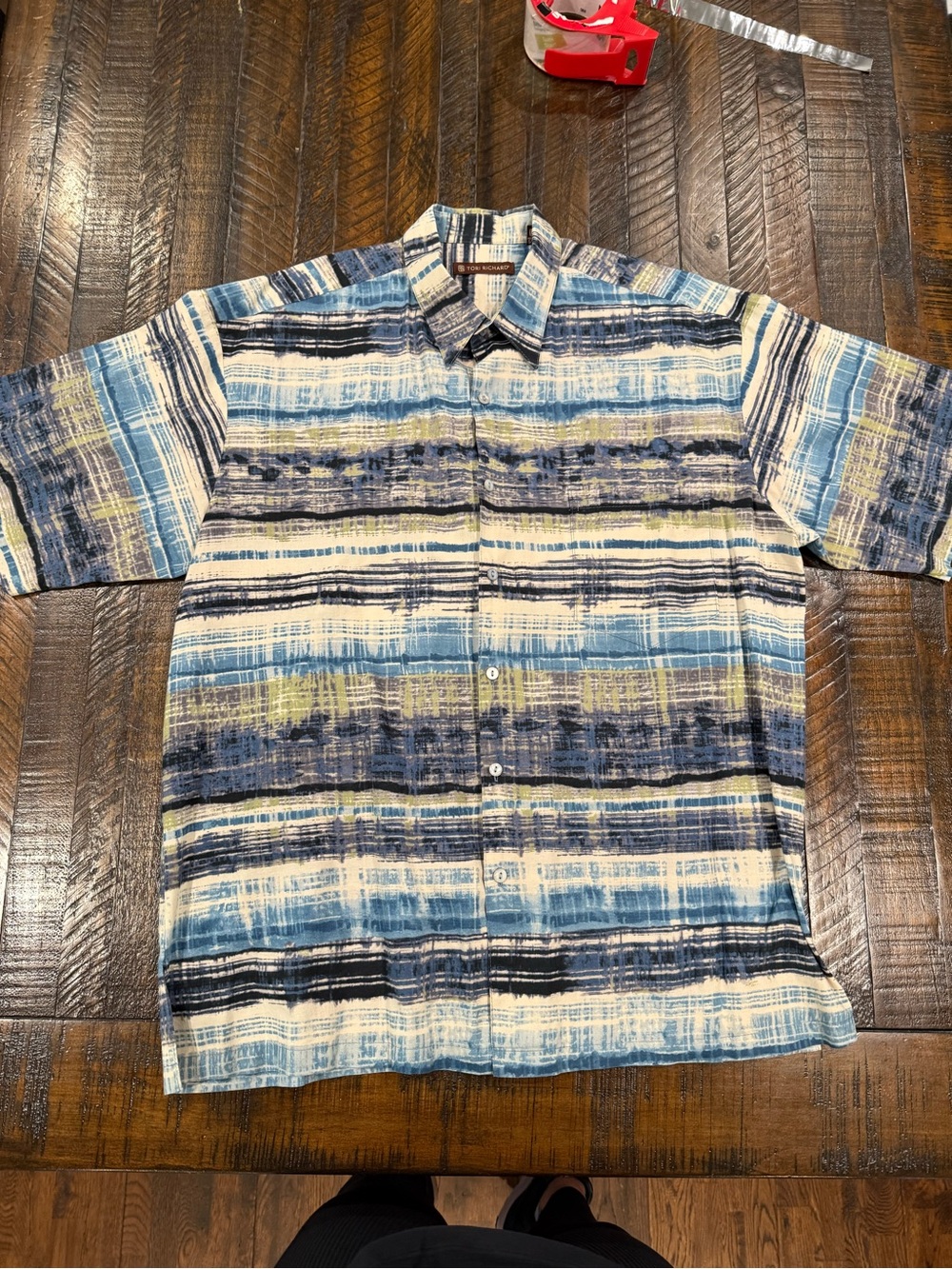 Tori Richard Horizontal Blue and Cream Short-Sleeve Button-Up